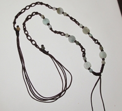 Silk Cord Knotted Chain Necklace w/Jade Accents, Dark Brown