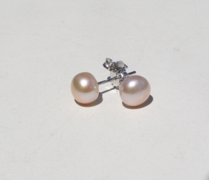 7mm Button Pearl Stud Earrings, Sheer Pink Grade A, Sterling