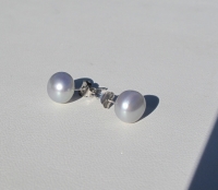 6mm Button Pearl Stud Earrings, Silver-Gray , Sterling