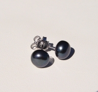 7.5-8mm Button Pearl Stud Earrings, Black Grade AA, Sterling