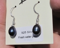 7mm Black Pearl Drop Earrings, Sterling Silver