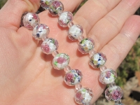 Czech Faceted White w/Pink Roses Rondels, 12mm