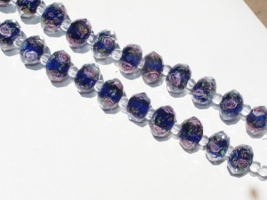 Czech Faceted Royal Blue w/Pink Roses Rondels, 12mm