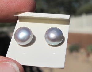 8mm Button Pearl Stud Earrings, Silver-Gray Grade AA, Sterling