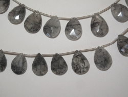 Black Rutilated Frosty Quartz Teardrop Briolettes, 14-18mm