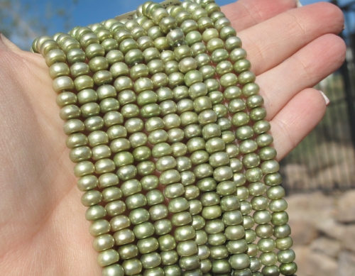 Metallic Celery Green, 6-6.5mm Button Pearls